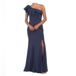 One shoulder navy gown. Rene by Rene Ruiz. Perfect condition. Size 6.